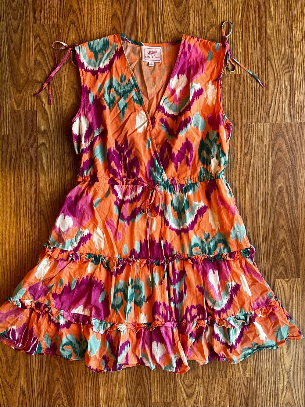 Banjanan Becca Tiered Mini Dress  Peach Ikat Print - Size Medium
